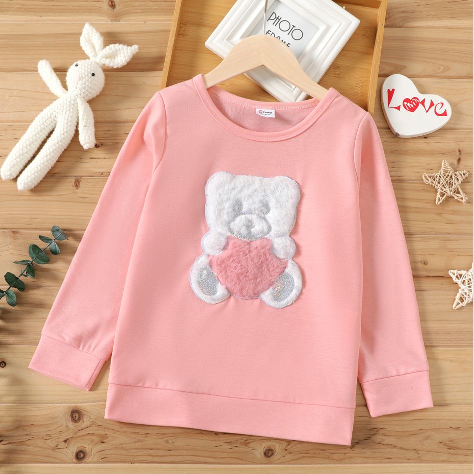 Kid Girl Fox Flip Sequin/Bear Embroidered Pullover Sweatshirt Pink