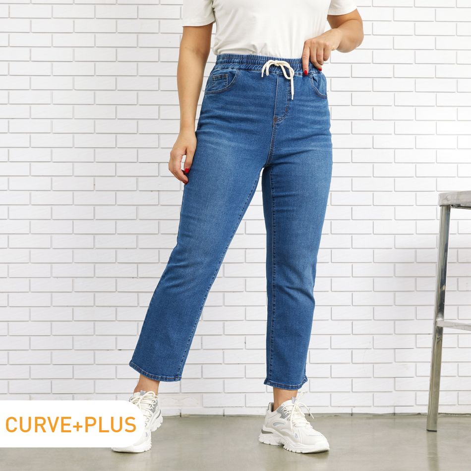 Women Plus Size Casual Drawstring Denim Wide Leg Pants Jeans Blue