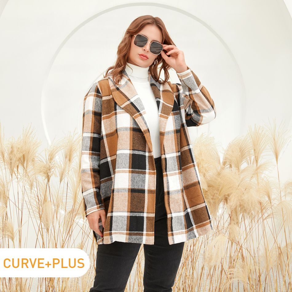 Women Plus Size Elegant Lapel Collar Plaid Open Front Coat Khaki