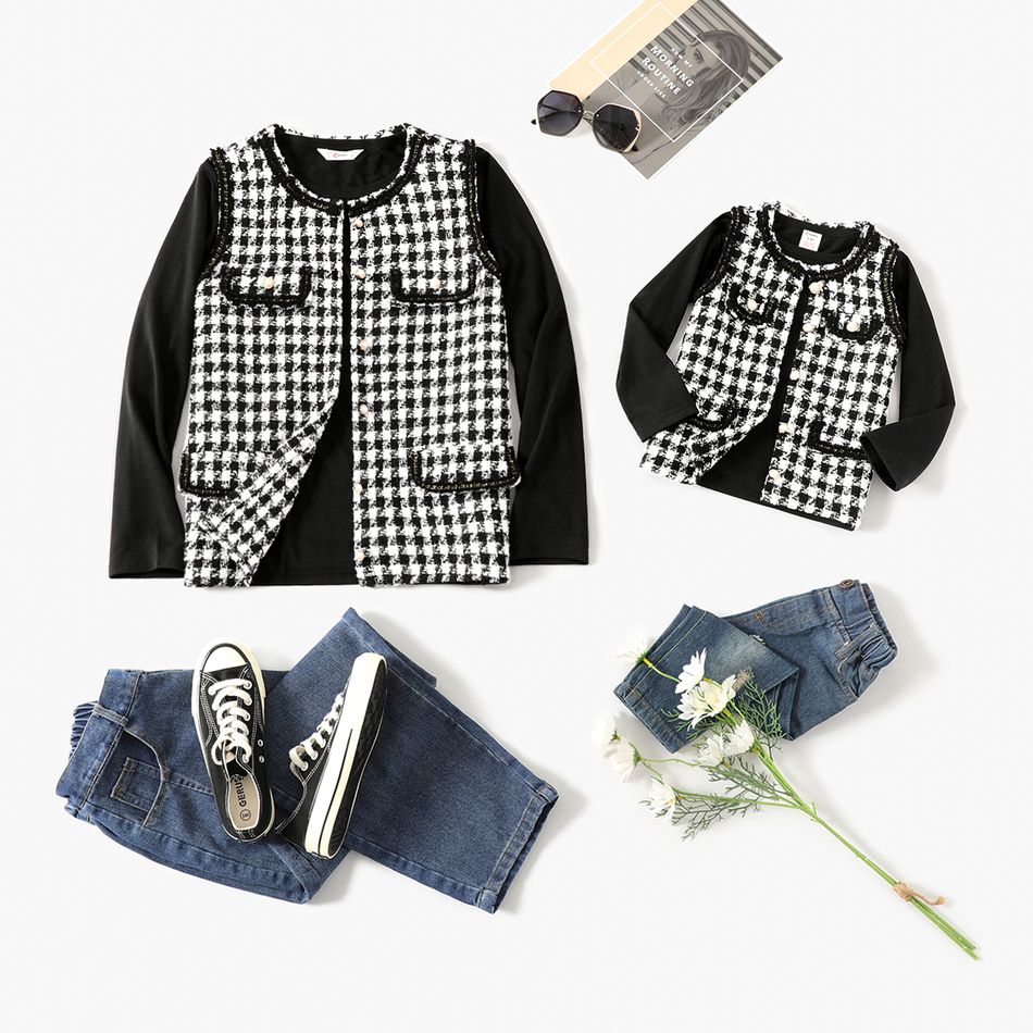 Black Houndstooth Tweed Pearl Button Vest Outwear for Mom and Me BlackandWhite