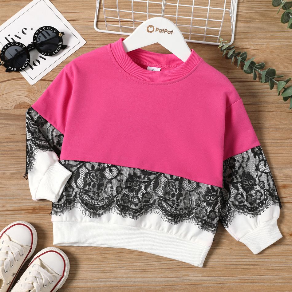 Toddler Girl Lace Design Splice Colorblock Pullover Sweatshirt Red