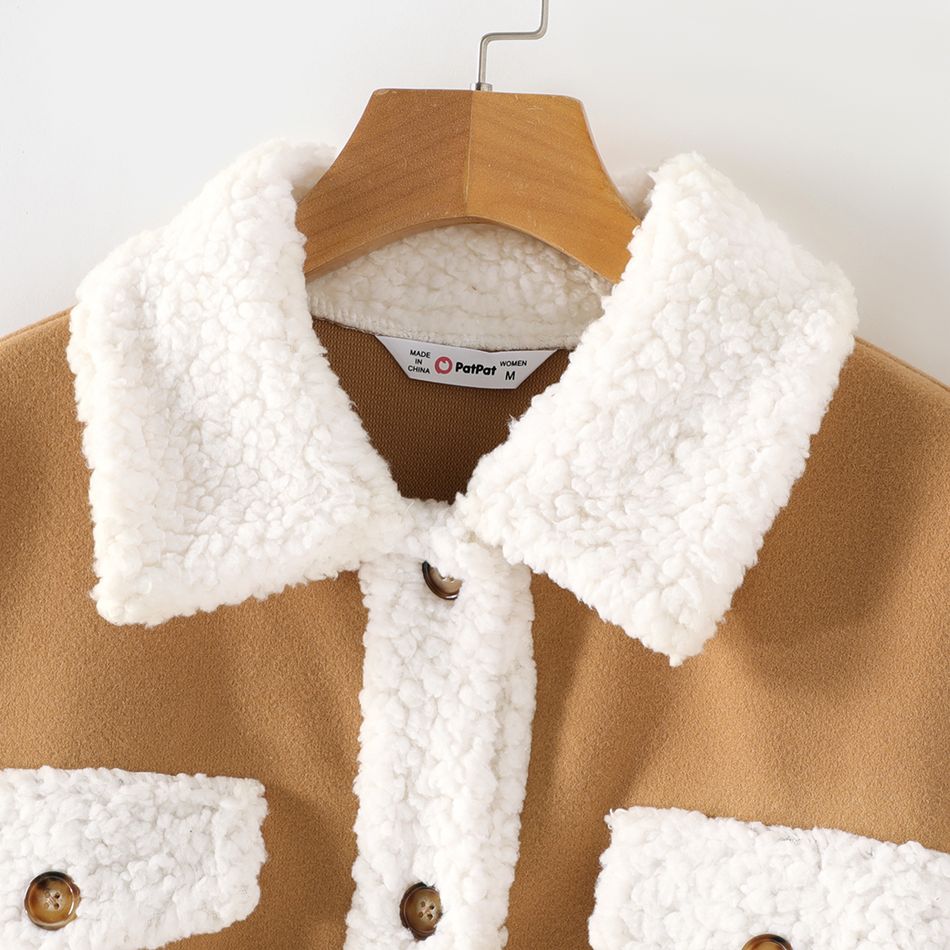 Family Matching Fluffy Fleece Lapel Khaki Long-sleeve Single Breasted Wool Blend Coats Khaki big image 7