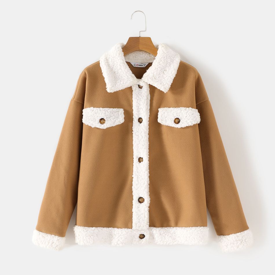 Family Matching Fluffy Fleece Lapel Khaki Long-sleeve Single Breasted Wool Blend Coats Khaki big image 6