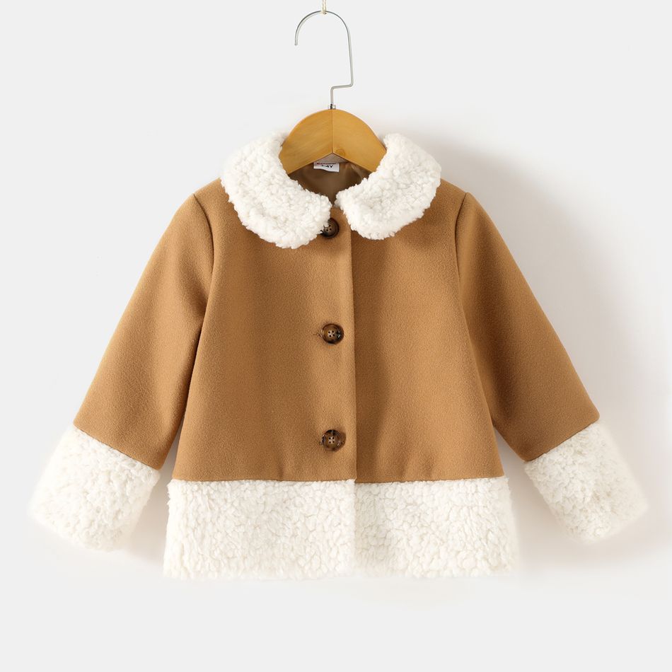 Family Matching Fluffy Fleece Lapel Khaki Long-sleeve Single Breasted Wool Blend Coats Khaki big image 8