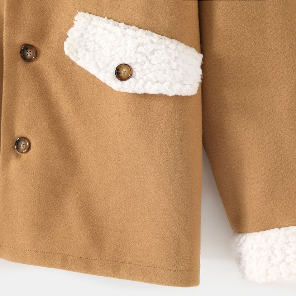 Family Matching Fluffy Fleece Lapel Khaki Long-sleeve Single Breasted Wool Blend Coats Khaki big image 4