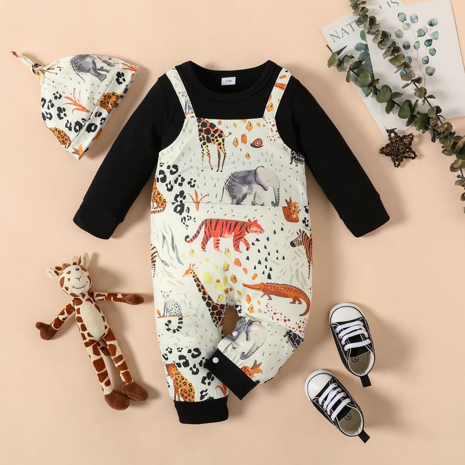2pcs Baby Boy/Girl Black Long-sleeve Splicing Animal Print Faux-two Jumpsuit Set Black