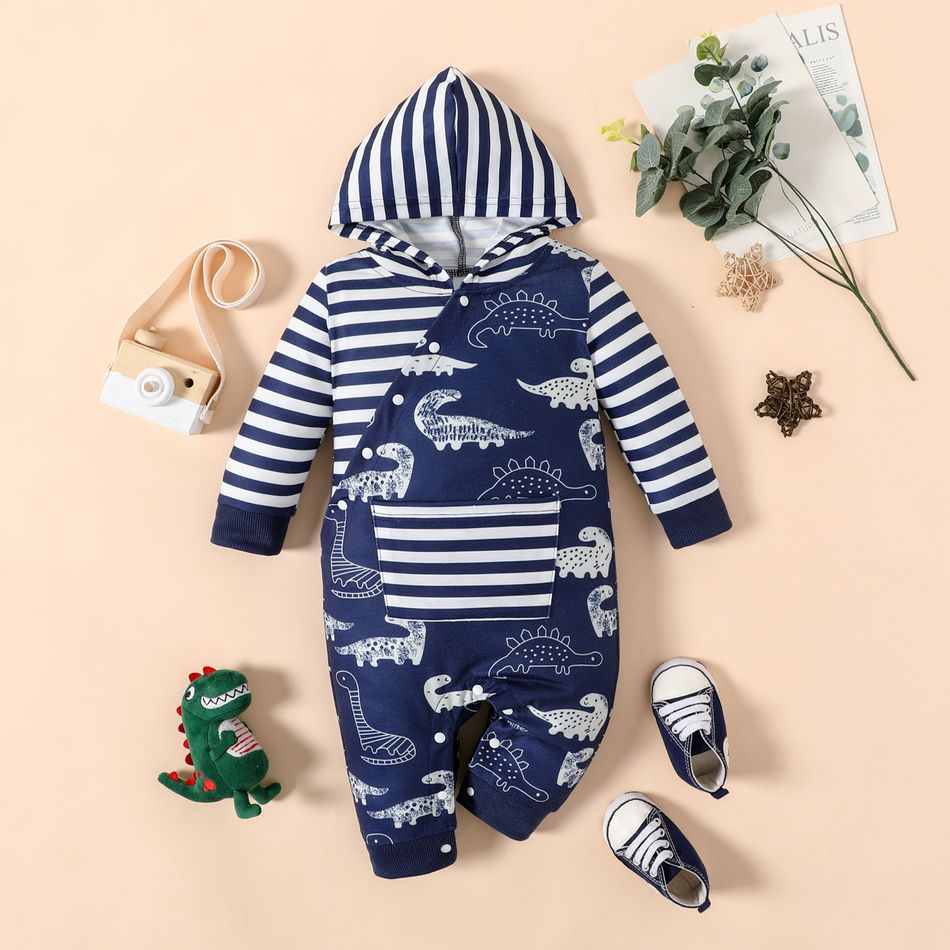 Baby Boy/Girl Dinosaur Print Splicing Blue Striped Long-sleeve Hooded Jumpsuit Blue