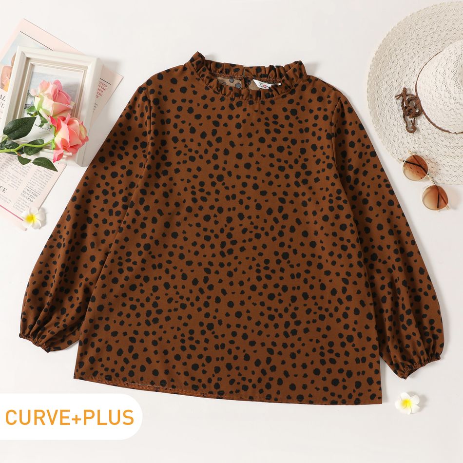 Women Plus Size Elegant Frill Collar Leopard Print Long-sleeve Blouse Brown