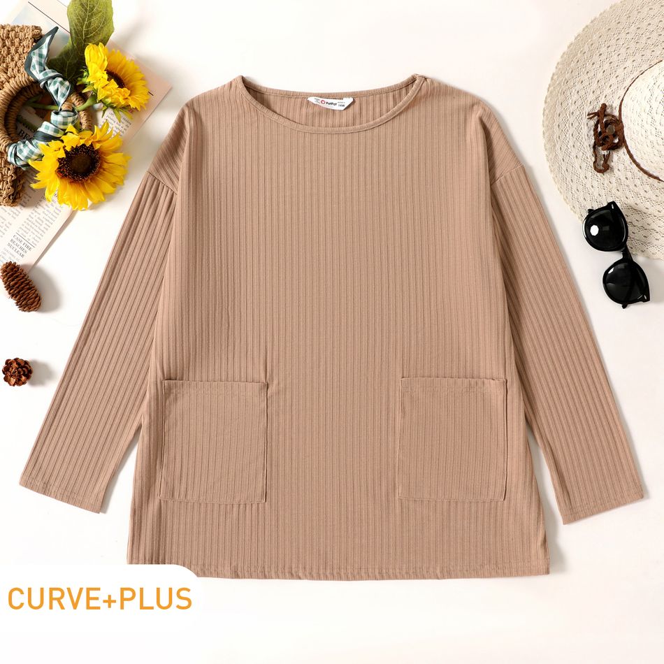 Women Plus Size Elegant Pocket Design Ribbed Knit Sweater Khaki