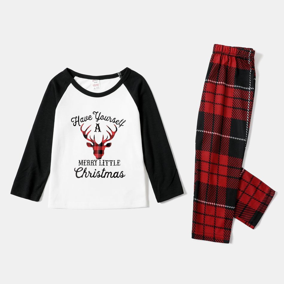 Christmas Reindeer and Letter Print Family Matching Raglan Long-sleeve Red Plaid Pajamas Sets (Flame Resistant) Black/White/Red big image 5