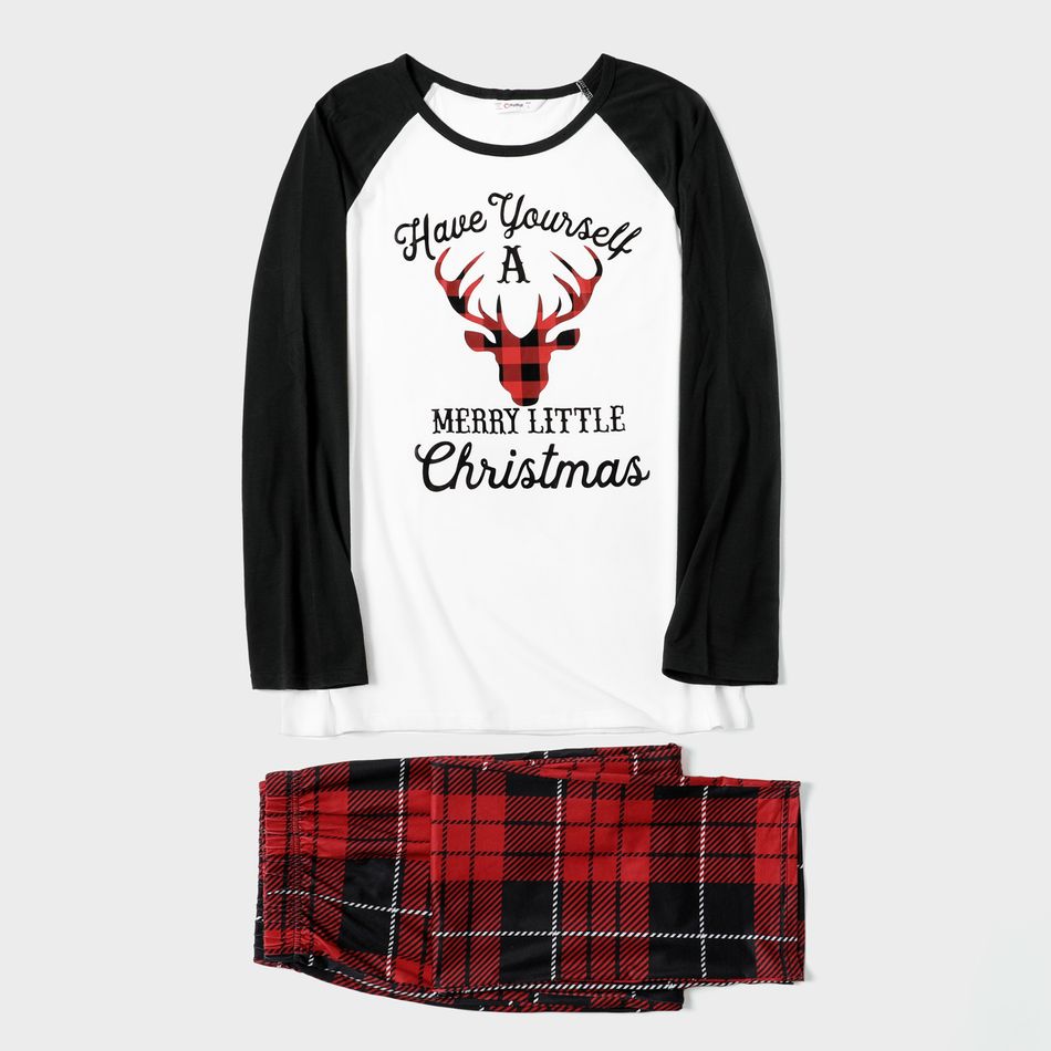 Christmas Reindeer and Letter Print Family Matching Raglan Long-sleeve Red Plaid Pajamas Sets (Flame Resistant) Black/White/Red big image 2