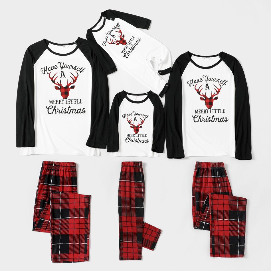 Christmas Reindeer and Letter Print Family Matching Raglan Long-sleeve Red Plaid Pajamas Sets (Flame Resistant) Black/White/Red big image 1