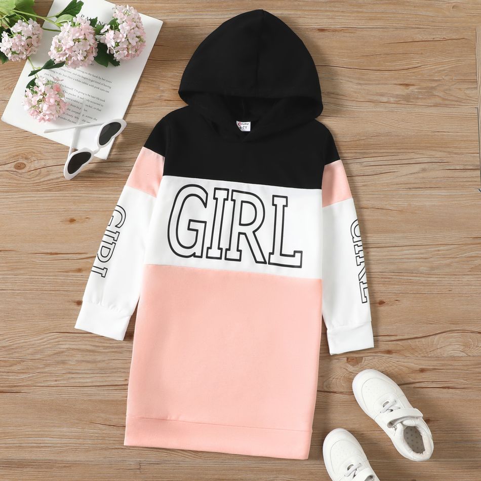 Kid Girl Letter Print Colorblock Hooded Sweatshirt Dress Multi-color