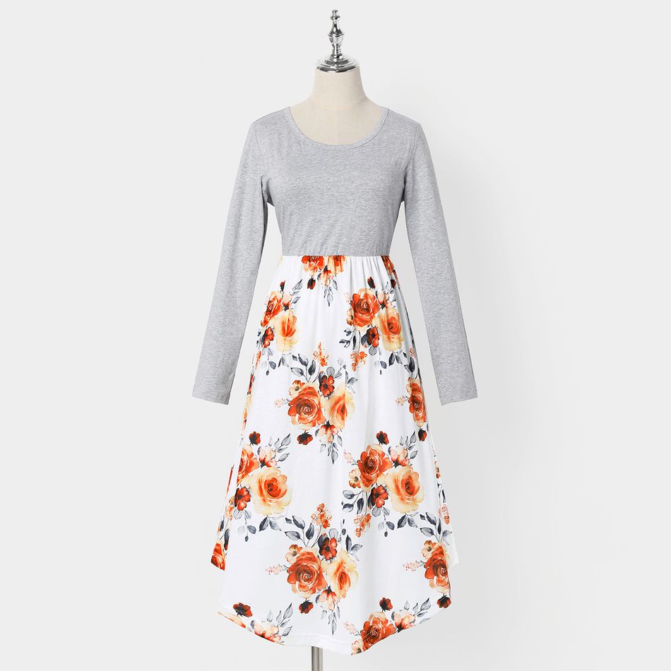 Family Matching Grey Cotton Long-sleeve Floral Splicing Midi Dresses and Striped T-shirts Sets Grey big image 9