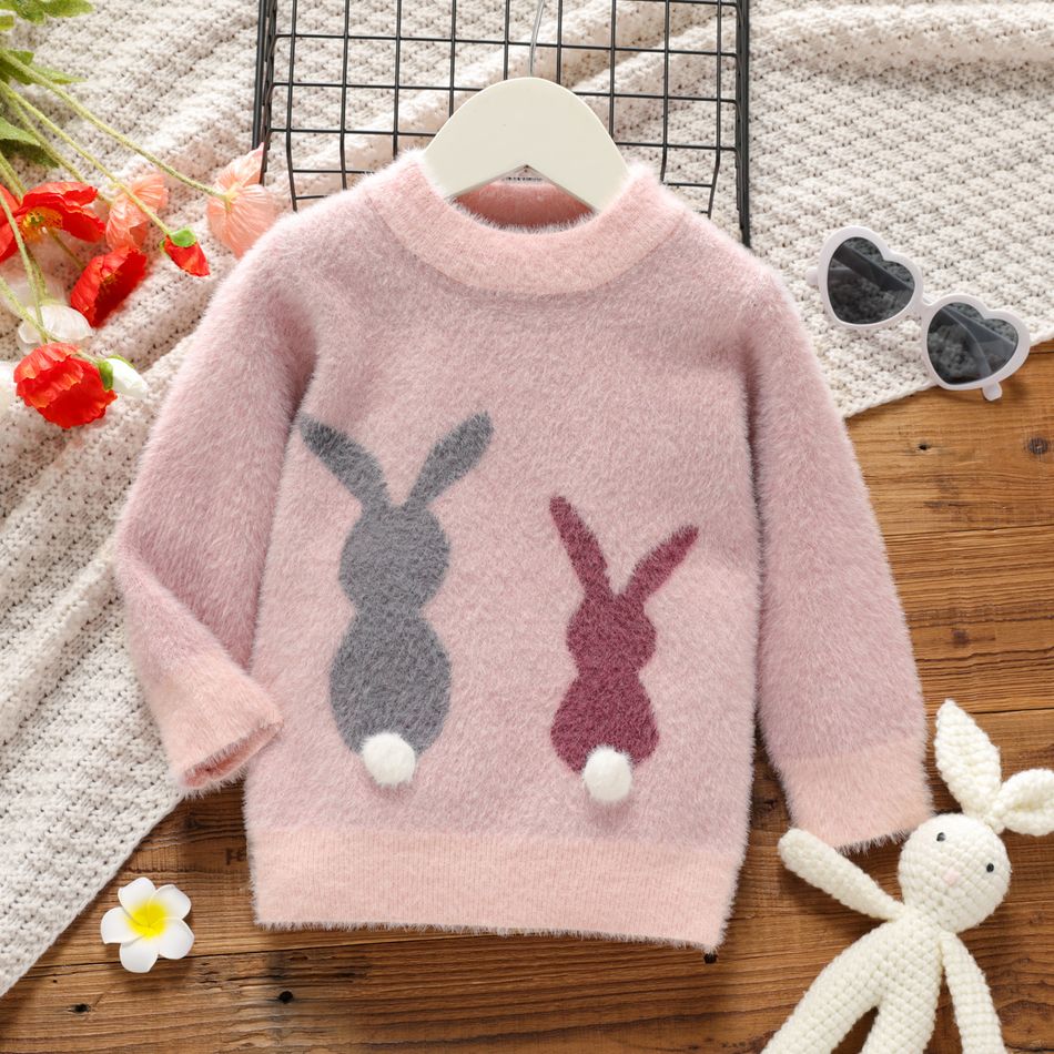 Toddler Girl Cute Rabbit Pattern Pompom Design Fuzzy Sweater Pink