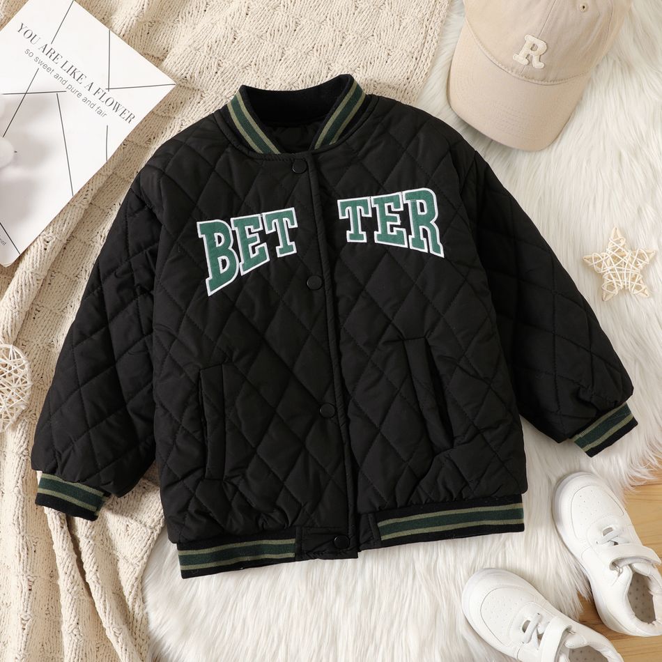 Kid Girl Letter Embroidered Button Design Bomber Jacket Padded Coat Black