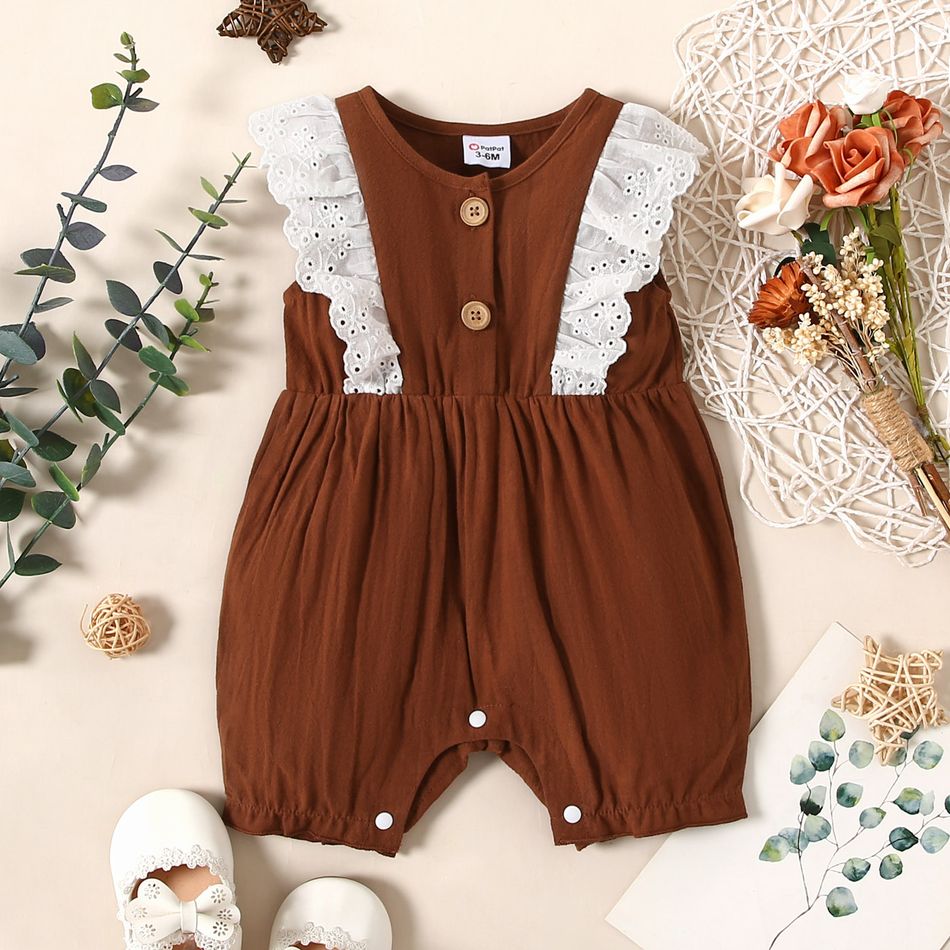 Baby Girl 100% Cotton Brown/Floral-print Sleeveless Ruffle Romper Brown