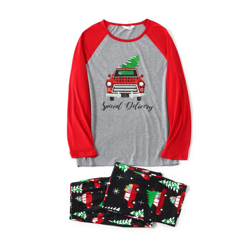 Christmas Tree in Car and Letter Print Family Matching Raglan Long-sleeve Pajamas Sets (Flame Resistant) Color block big image 2
