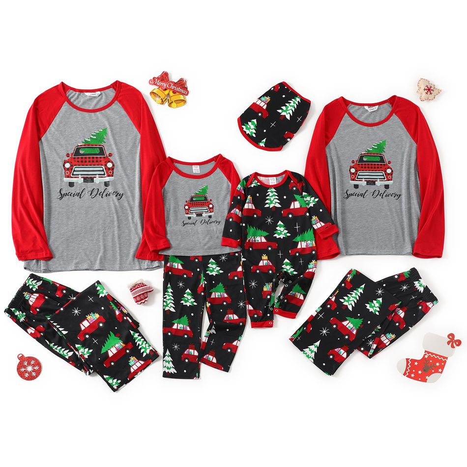 Christmas Tree in Car and Letter Print Family Matching Raglan Long-sleeve Pajamas Sets (Flame Resistant) Color block