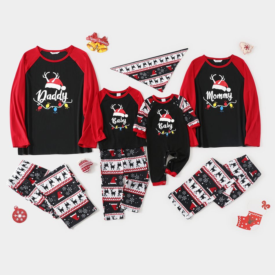 Christmas Hat String Lights and Letter Print Family Matching Raglan Long-sleeve Pajamas Sets (Flame Resistant) redblack
