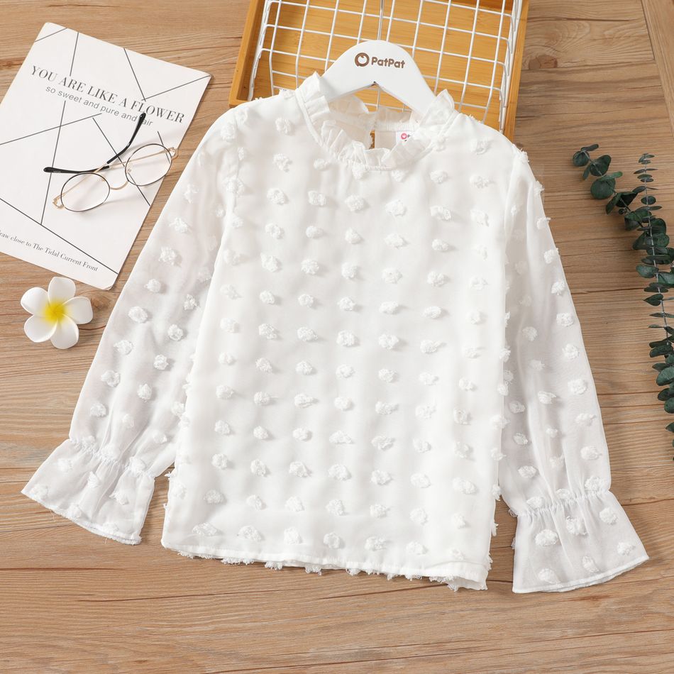Kid Girl Dotted Swiss Ruffle Collar Solid Color Long-sleeve Blouse White