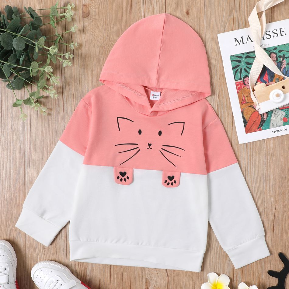Kid Girl Cat Print Colorblock Hoodie Sweatshirt Pink big image 1