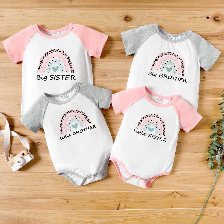 Sibling Matching Rainbow and Letter Print Raglan Short-sleeve Tops ColorBlock