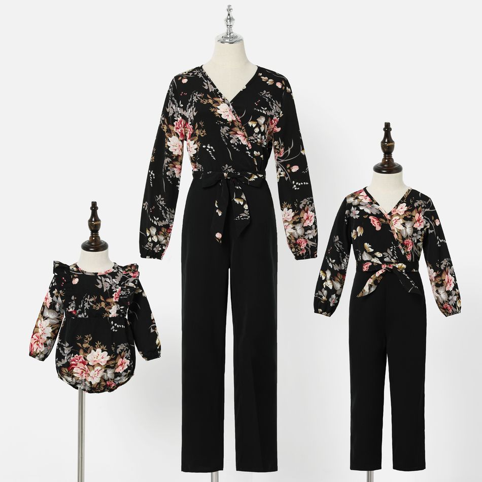 Floral Print Cross Wrap V Neck Long-sleeve Splicing Jumpsuit for Mom and Me Black