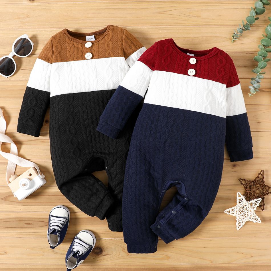 Baby Boy Colorblock Knitted Textured Long-sleeve Jumpsuit Black