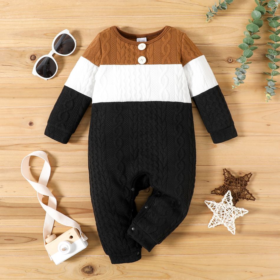 Baby Boy Colorblock Knitted Textured Long-sleeve Jumpsuit Black