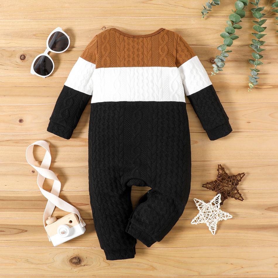 Baby Boy Colorblock Knitted Textured Long-sleeve Jumpsuit Black big image 5