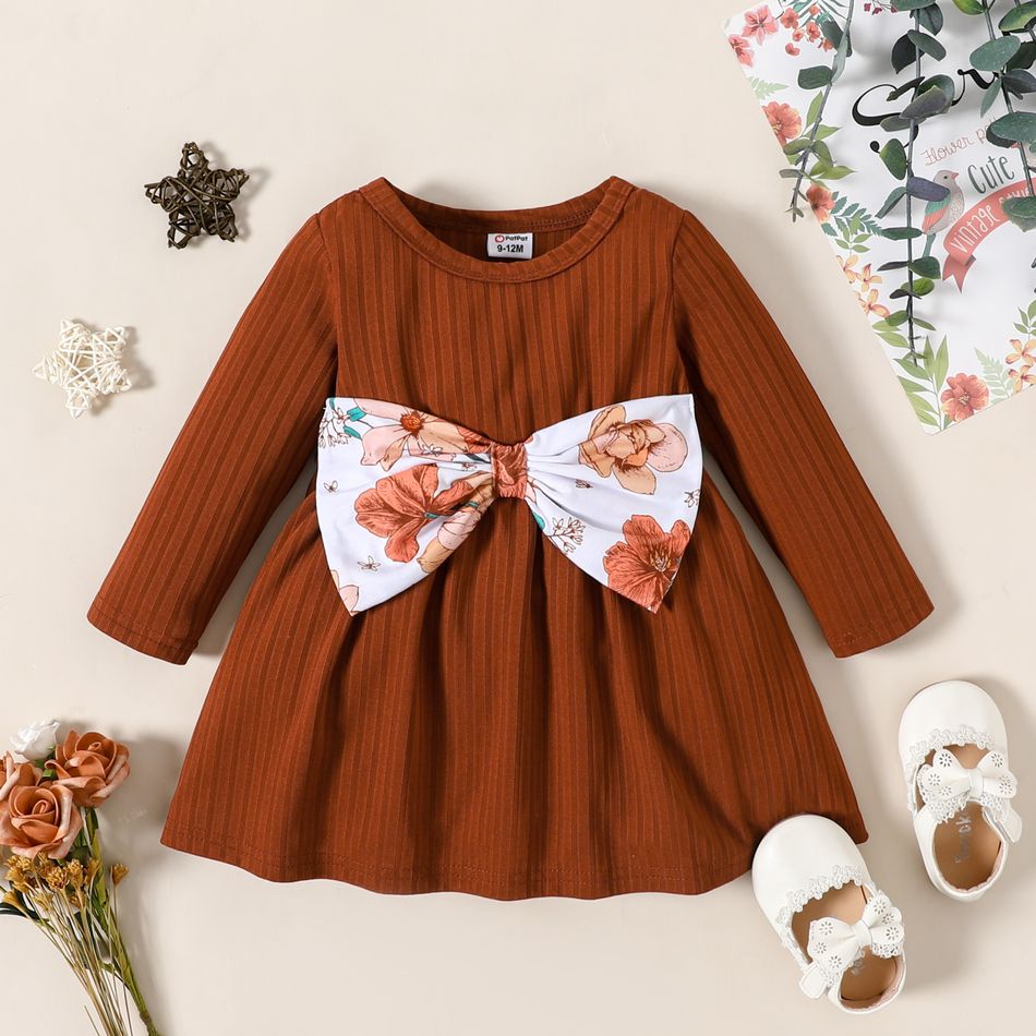 Baby Girl Ribbed Brown/White Floral Print Long-sleeve Bowknot Dress Brown