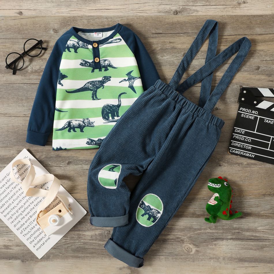 2-piece Toddler Boy Dinosaur Print Striped Long-sleeve Top and Overalls Set Bluish Grey