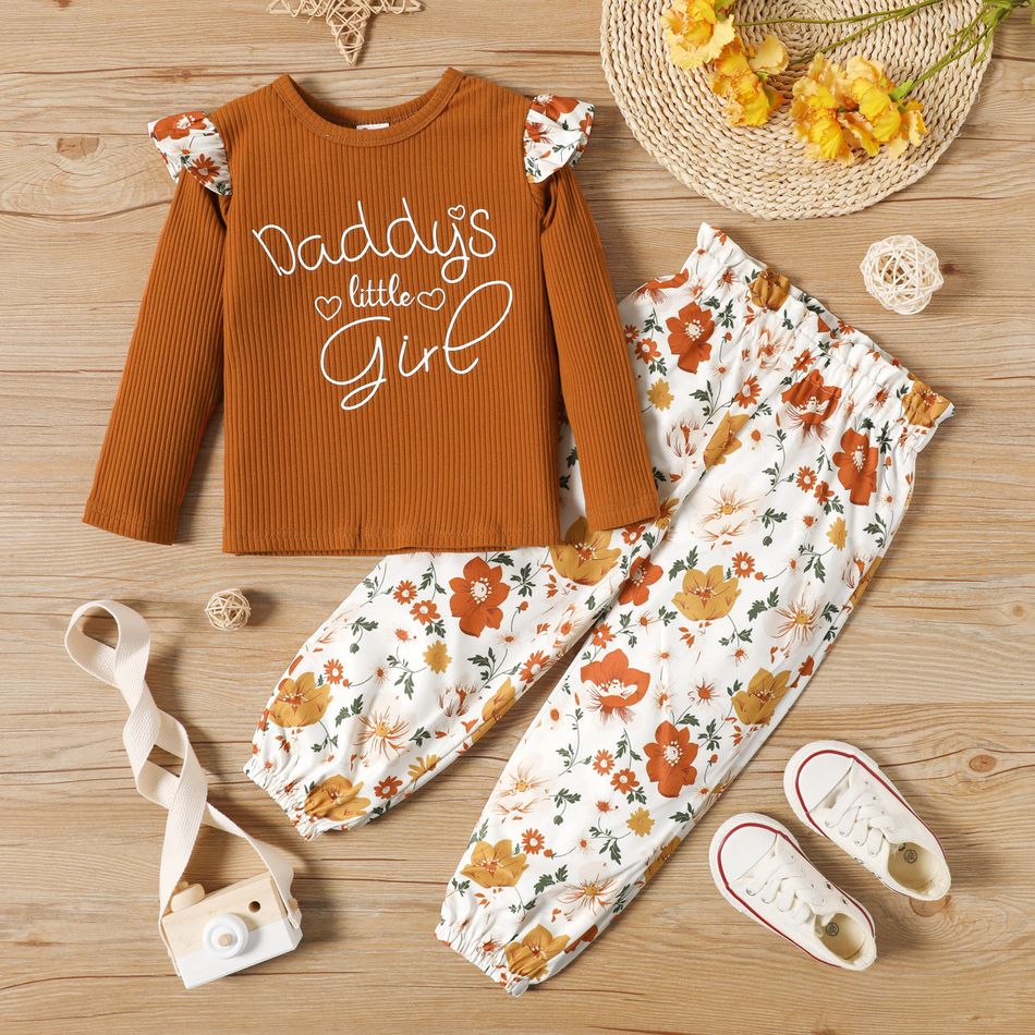 2-piece Toddler Girl Ruffled Letter Print Long-sleeve Ribbed Top and Floral Print Paperbag Pants Set Brown