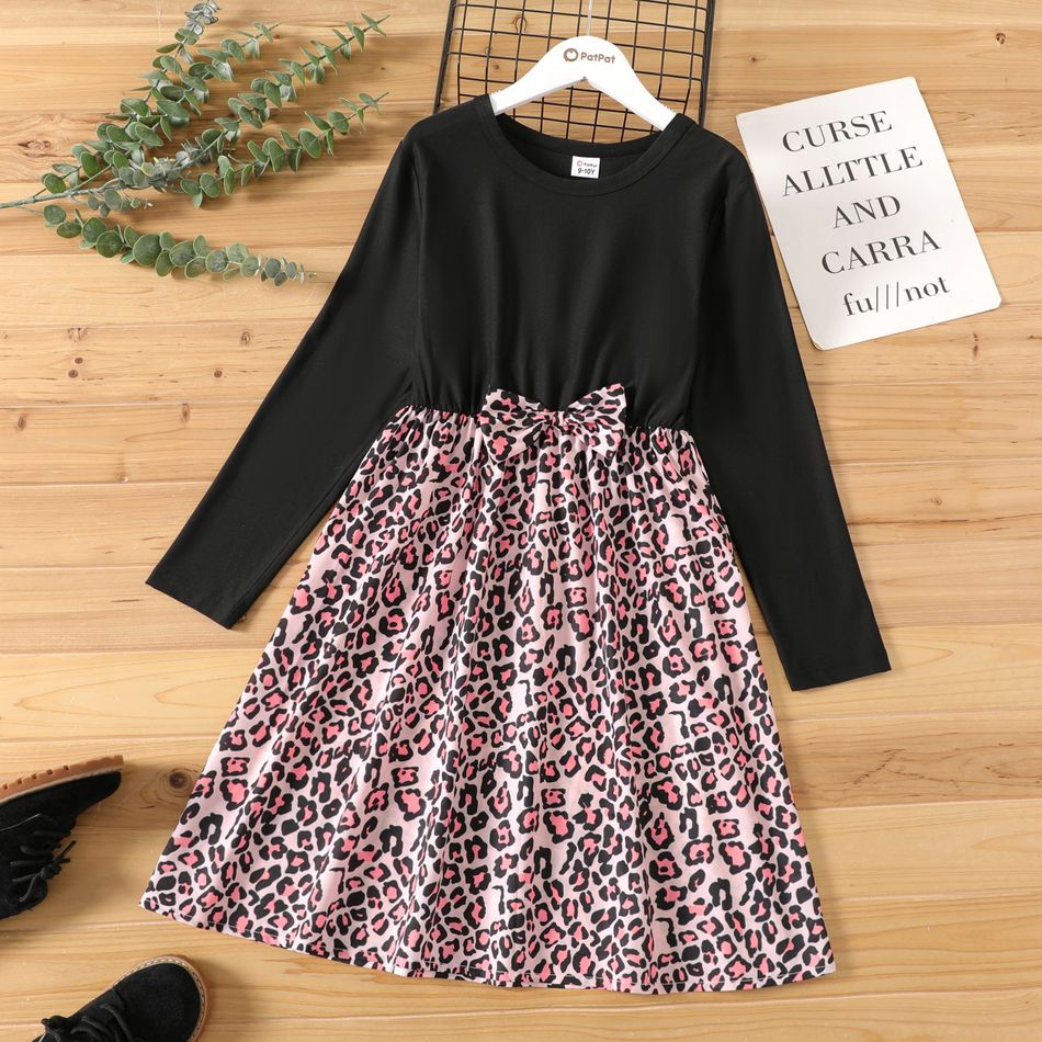 Kid Girl Bowknot Design Leopard Print Splice Long-sleeve Dress Light Pink