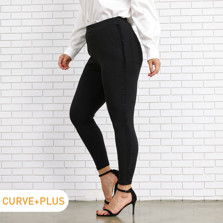 Women Plus Size Basics Side Glitter Design Skinny Pants Black