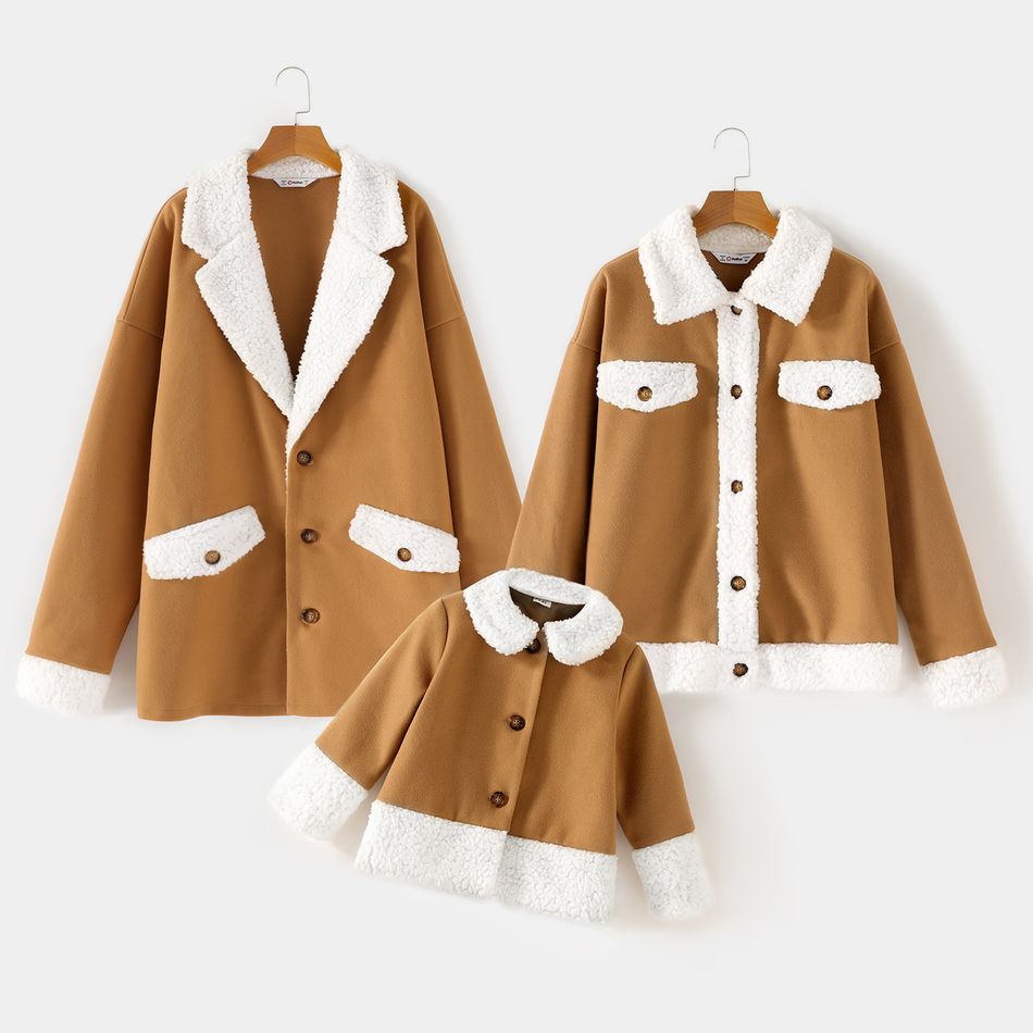 Family Matching Fluffy Fleece Lapel Khaki Long-sleeve Single Breasted Wool Blend Coats Khaki big image 1