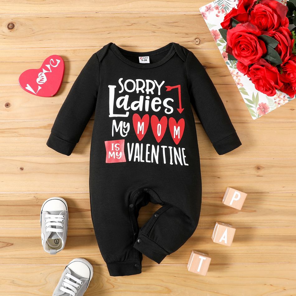 Valentine's Day Baby Boy Letter and Love Heart Print Long-sleeve Jumpsuit Black