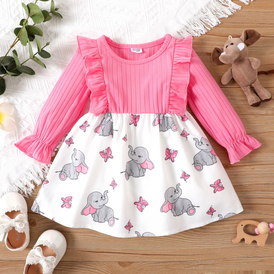 Baby Girl Pink Ribbed Ruffled Long-sleeve Splicing Cartoon Elephant Print Dress PinkyWhite