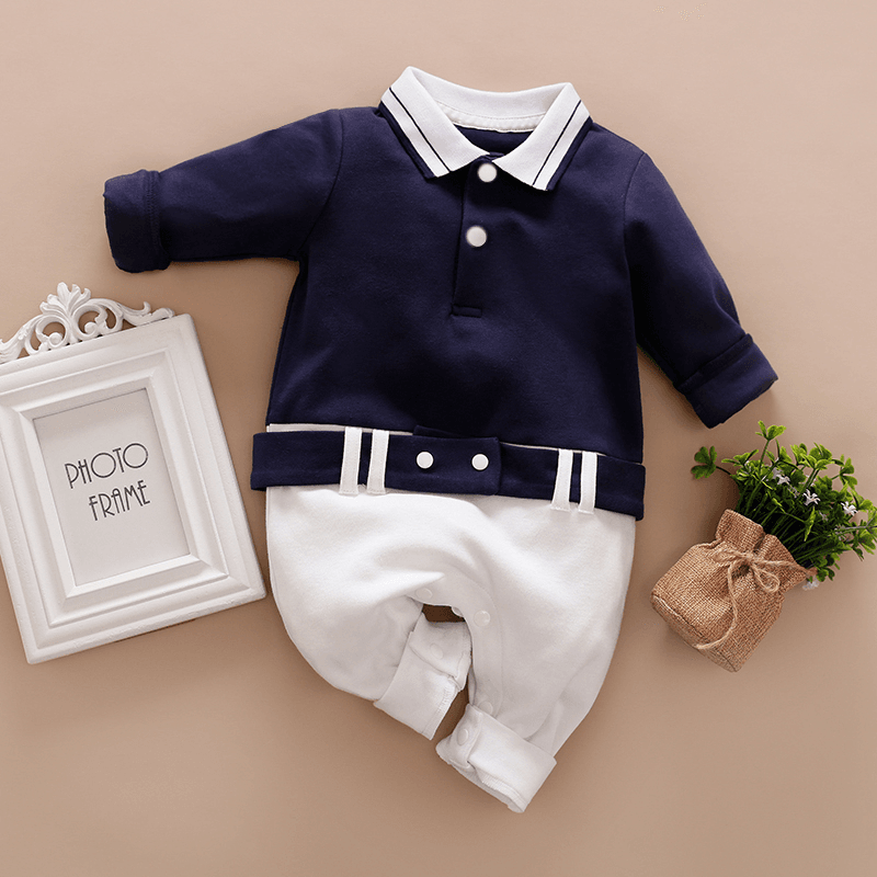 100% Cotton Color Block Polo Collar Long-sleeve Baby Jumpsuit Dark Blue/white
