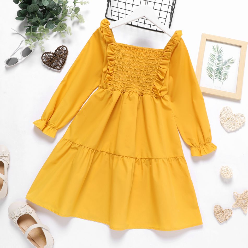 Kid Girl 100% Cotton Ruffled Square Neck Smocked Long-sleeve Yellow Dress Yellow