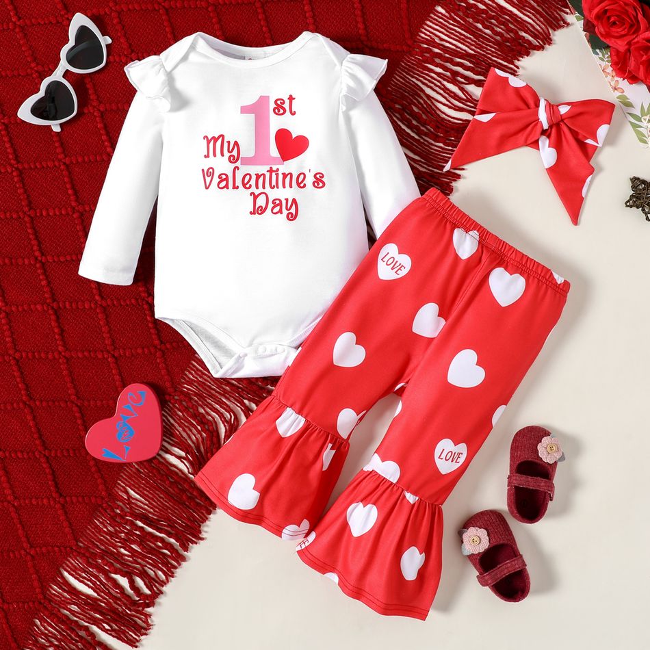 Valentine's Day 2pcs Baby Girl Love Heart and Letter Print Long-sleeve Romper with Flared Pants Set Red/White