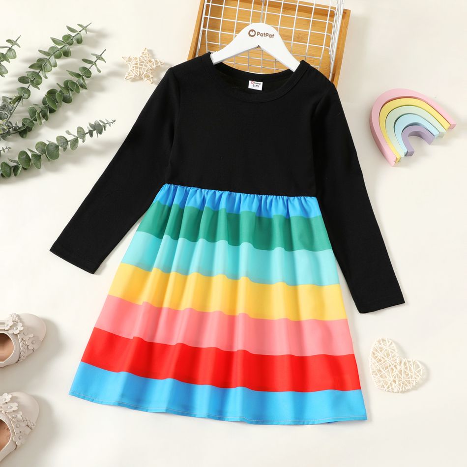 Kid Girl Rainbow Stripe Long-sleeve Round-collar Dress Multi-color