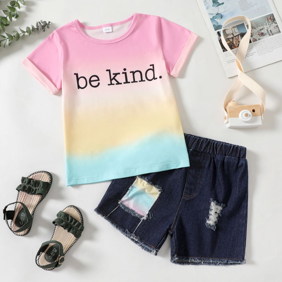 2-piece Kid Girl Letter Print Gradient Color Short-sleeve Tee and Ripped Denim Shorts Set Multi-color