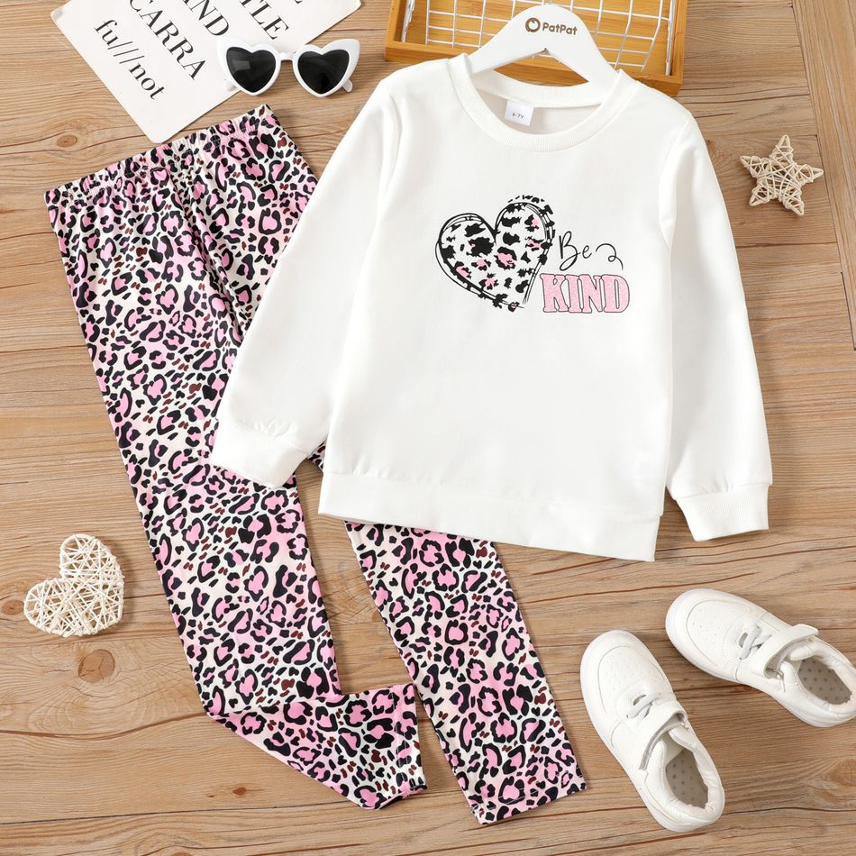 2-piece Kid Girl Letter Heart Print White Sweatshirt and Leopard Print Pants Set White