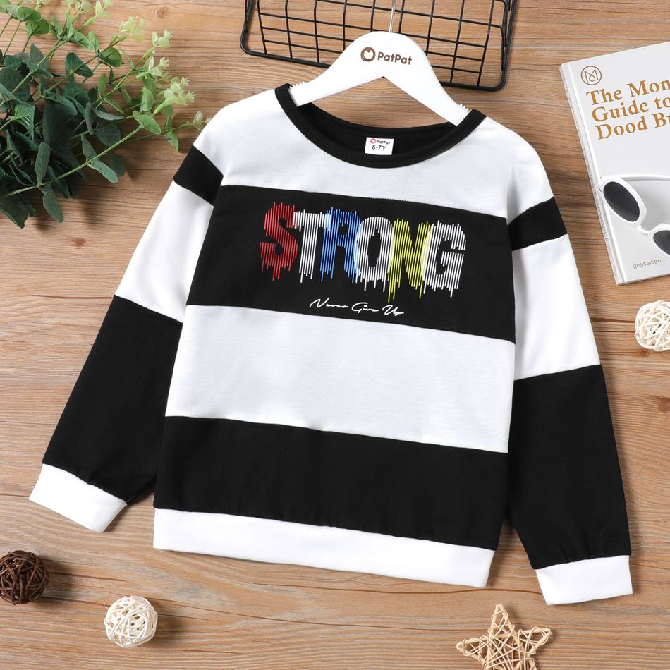 Kid Boy Letter Print Striped Casual Pullover Sweatshirt BlackandWhite