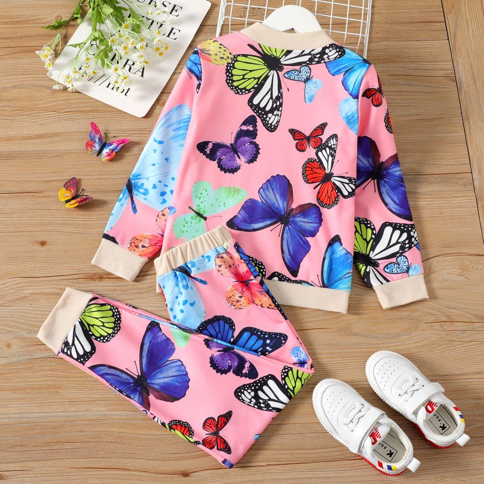 2-piece Kid Girl Butterfly Print Zipper Bomber Jacket and Pants Casual Set Pink big image 2
