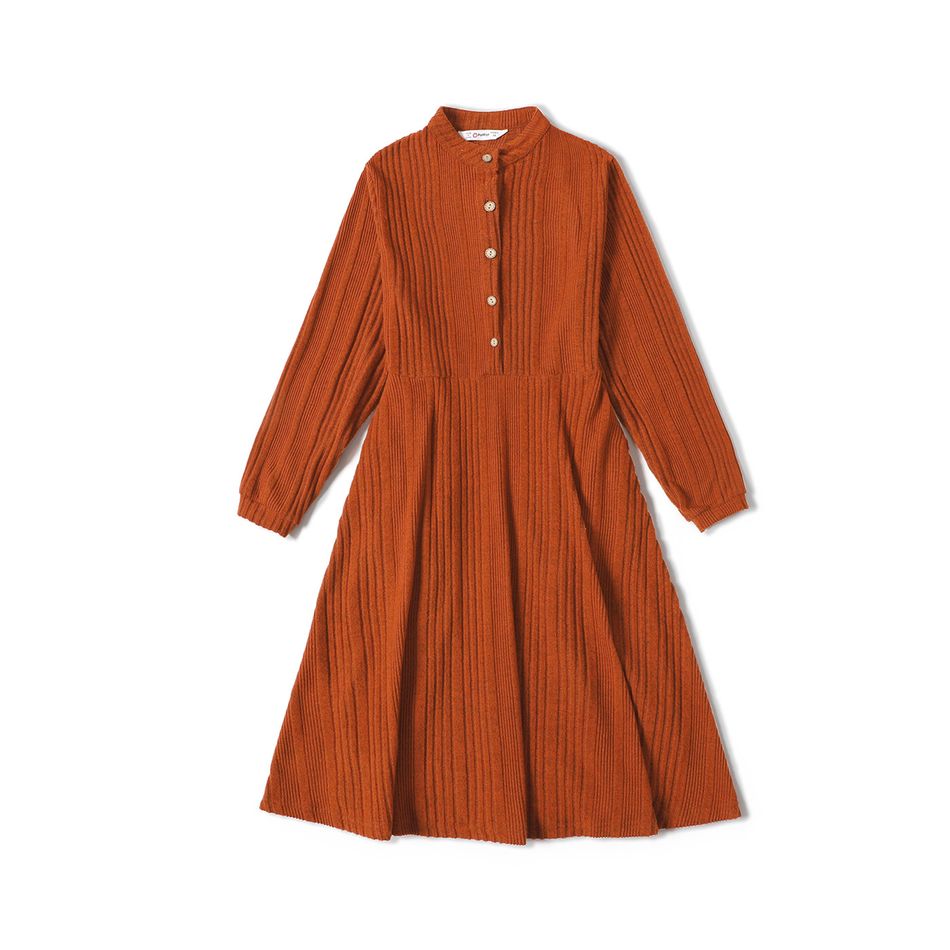 Solid Ribbed Long-sleeve Button Down Dress for Mom and Me RustRed big image 2