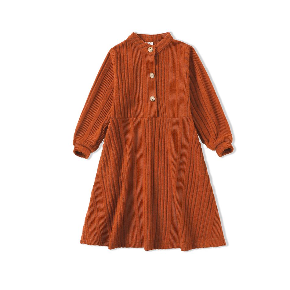 Solid Ribbed Long-sleeve Button Down Dress for Mom and Me RustRed big image 3