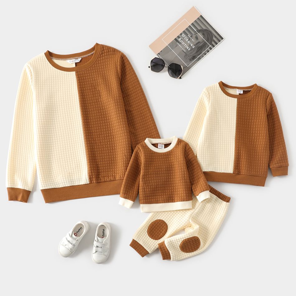 Solid Waffle Textured Splicing Long-sleeve Sweatshirt for Mom and Me Color block